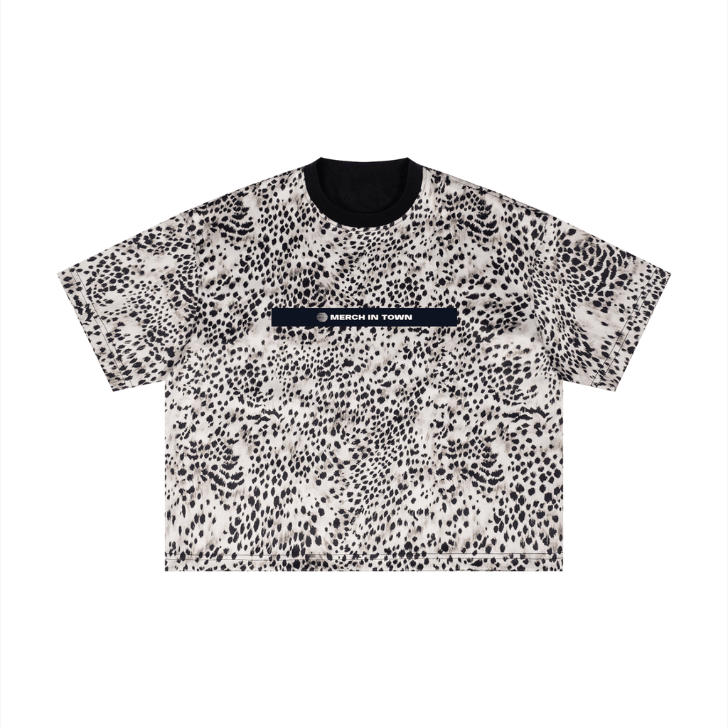 Merch in Town Leopard Print Boxy T-Shirt with Contrasting Collar in Leopard Black on a white background, front view.