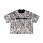 Merch in Town Leopard Print Boxy T-Shirt with Contrasting Collar in Leopard Black on a white background, front view.