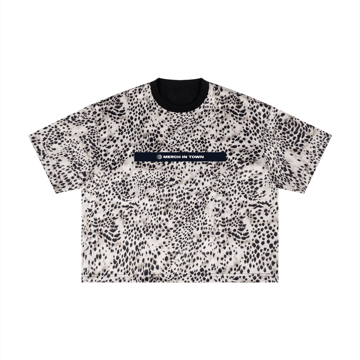Merch in Town Leopard Print Boxy T-Shirt with Contrasting Collar in Leopard Black on a white background, front view.