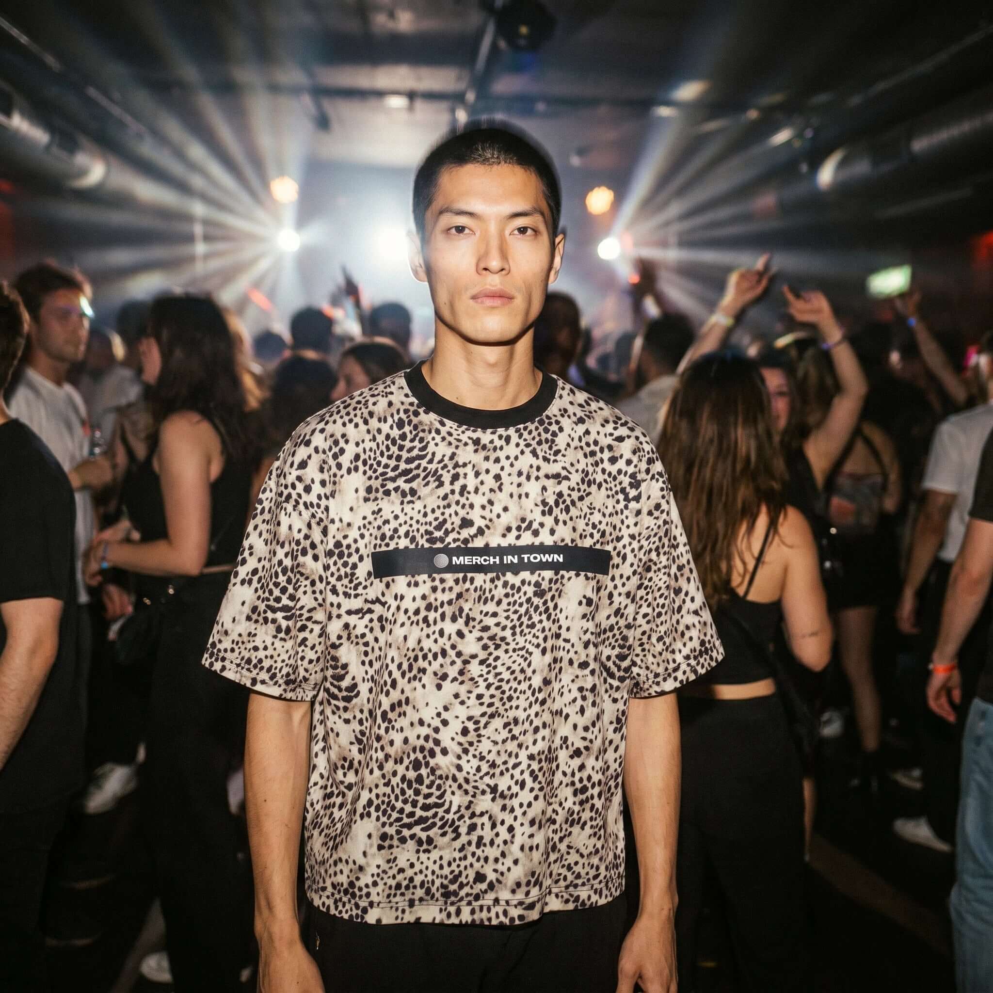 Merch in Town Leopard Print Boxy T-Shirt in Leopard Black, front lifestyle shot