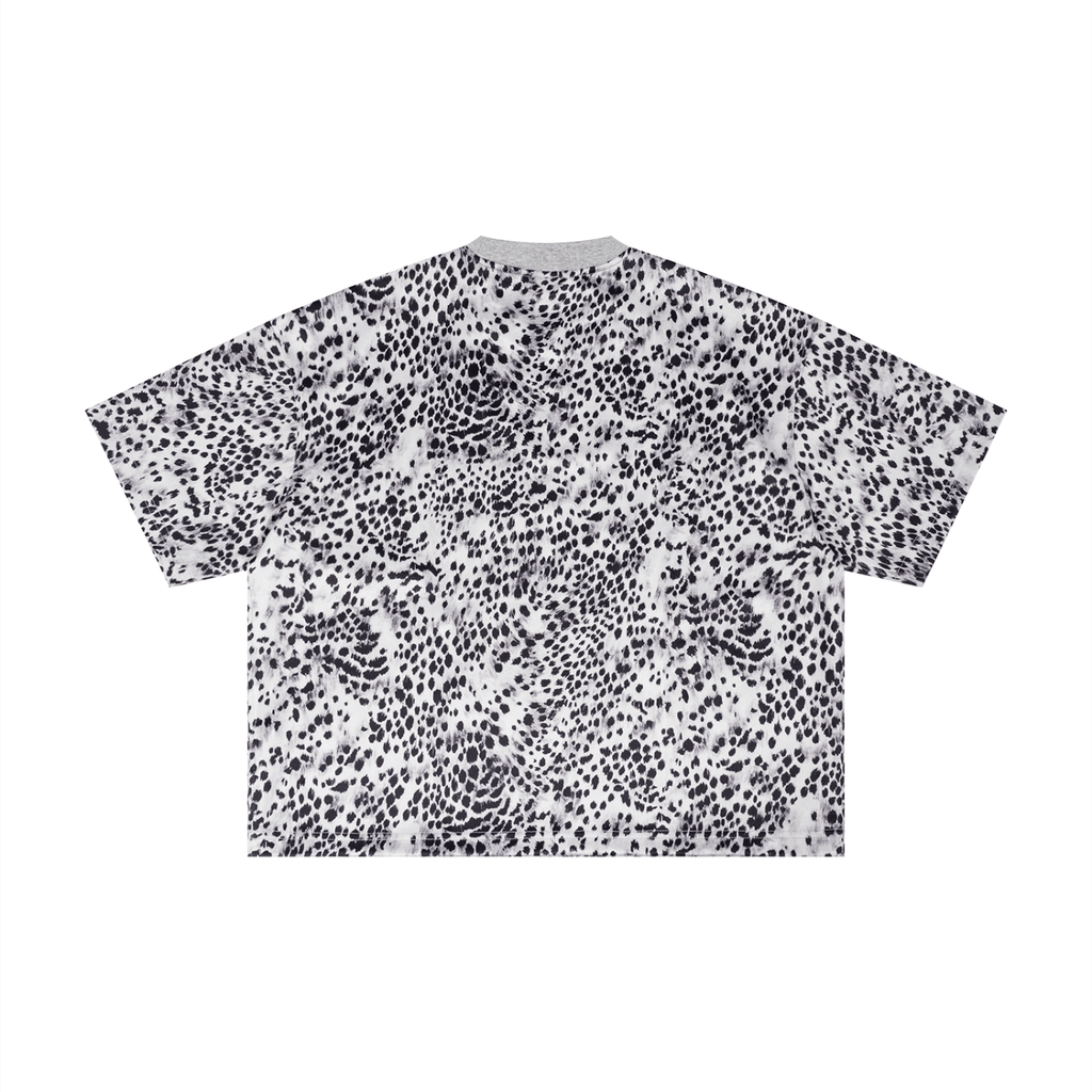 Merch in Town Leopard Print Boxy T-Shirt with Contrasting Collar in Leopard Gray on a white background, back view.