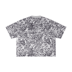 Merch in Town Leopard Print Boxy T-Shirt with Contrasting Collar in Leopard Gray on a white background, back view.