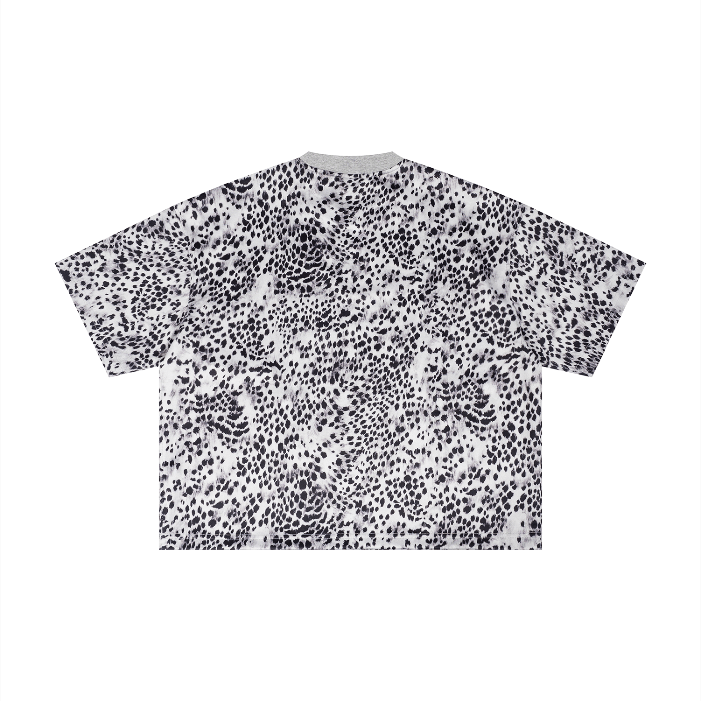 Merch in Town Leopard Print Boxy T-Shirt with Contrasting Collar in Leopard Gray on a white background, back view.