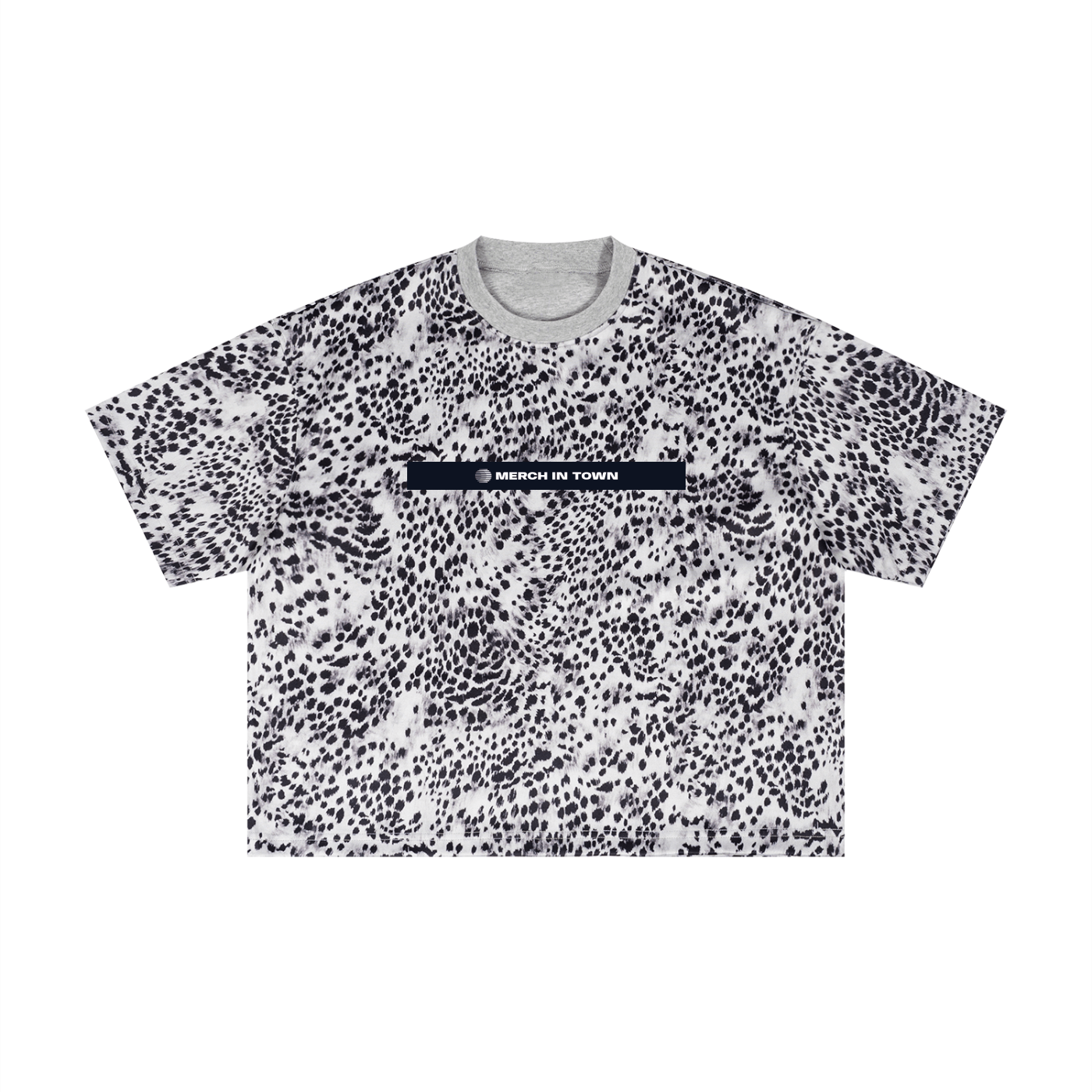 Merch in Town Leopard Print Boxy T-Shirt with Contrasting Collar in Leopard Gray on a white background, front view.