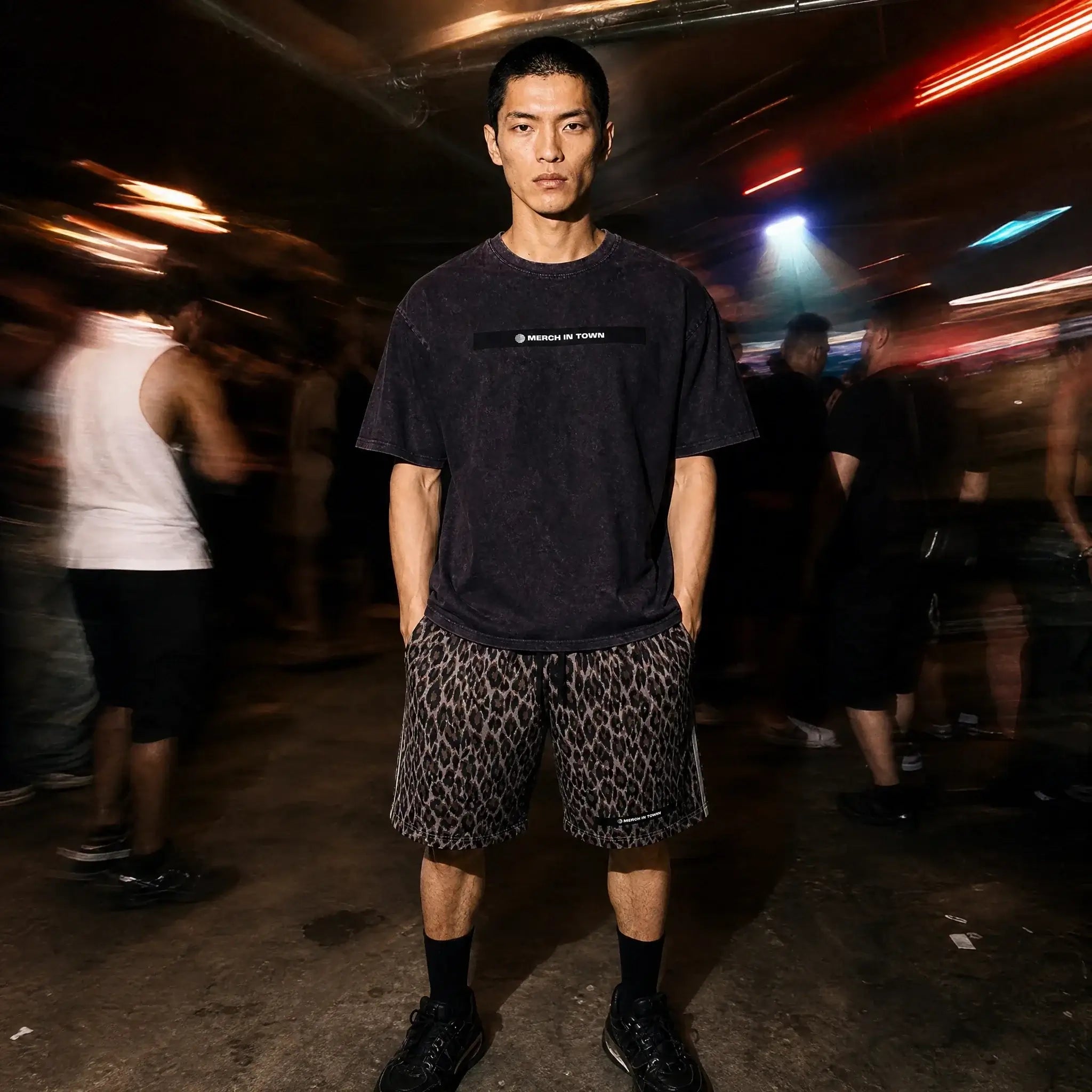 Merch in Town Heavyweight Leopard Drawstring Shorts in Leopard Light Gray, front lifestyle shot