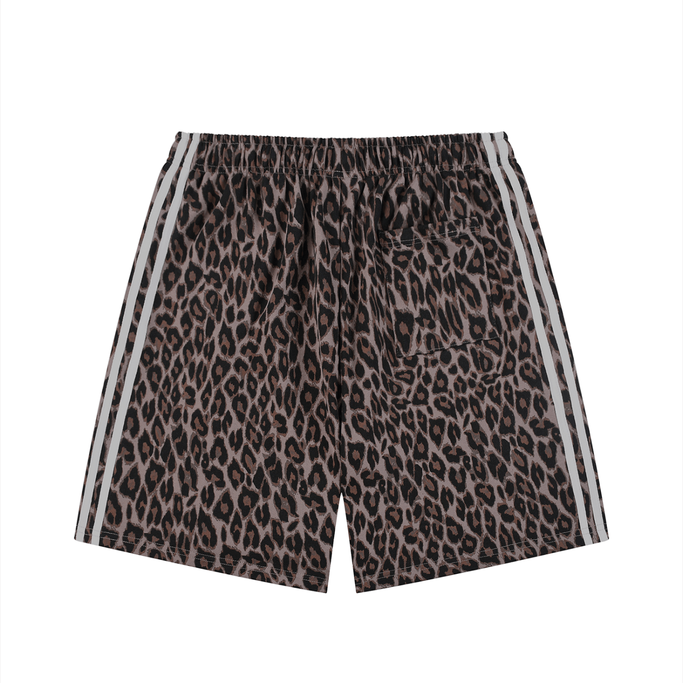 Merch in Town Heavyweight Leopard Drawstring Shorts in Leopard Light Gray on a white background, back view.