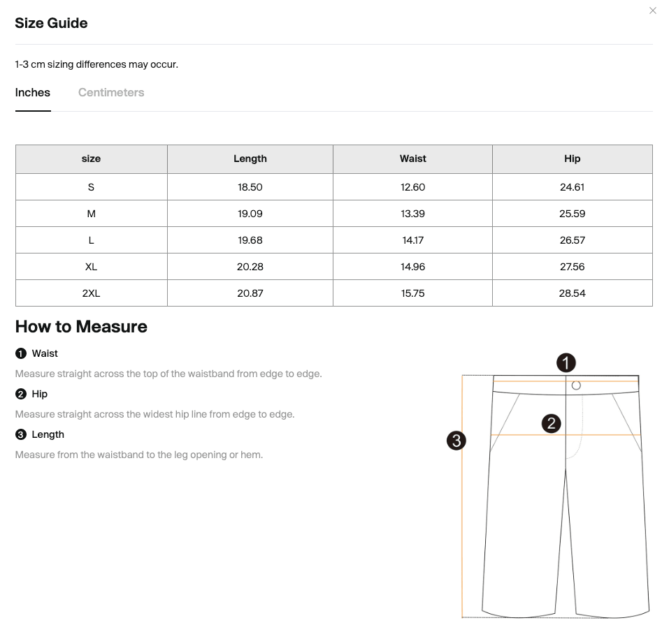 Size chart for the Merch in Town Heavyweight Leopard Drawstring Shorts with measurements in inches and centimeters.