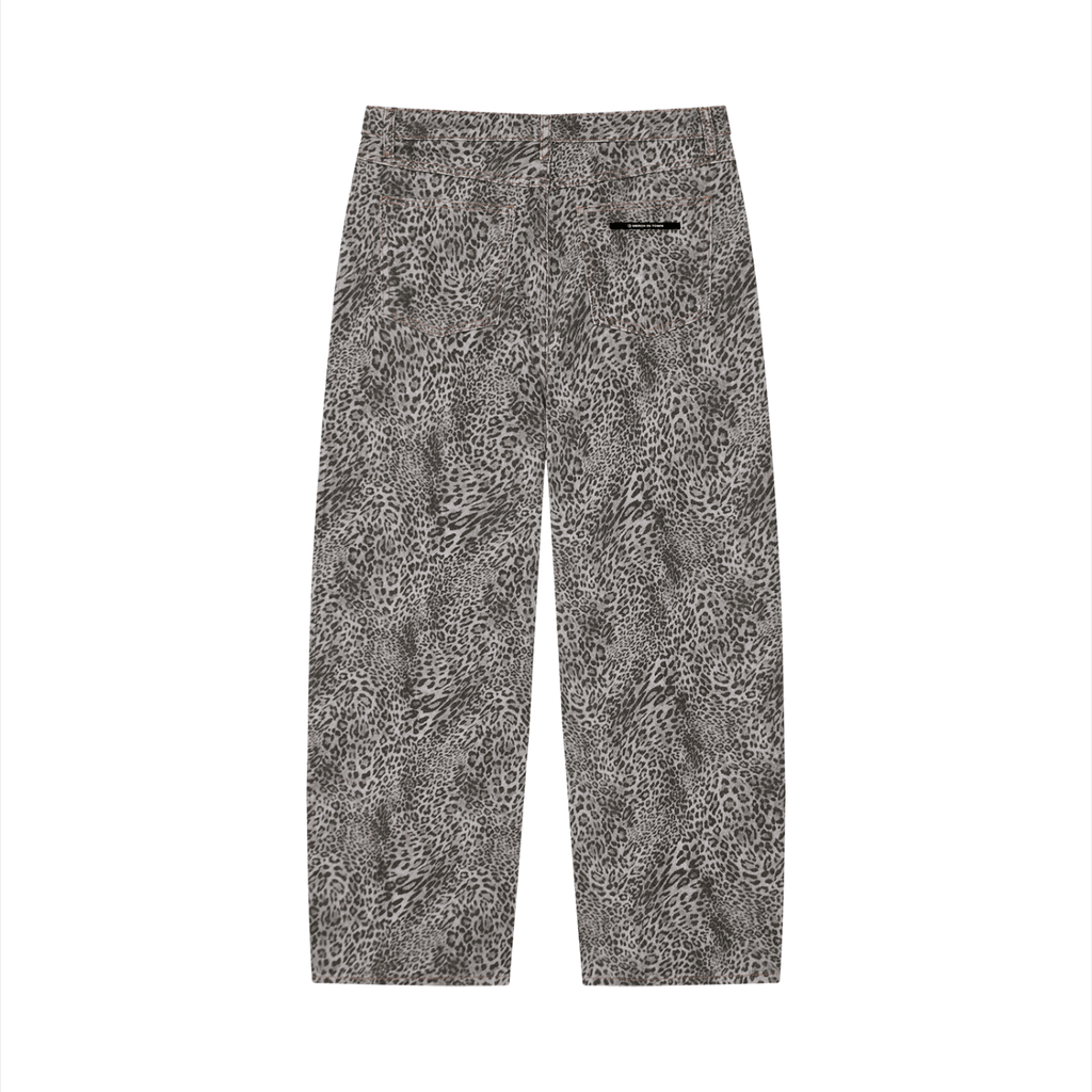 Merch in Town Vintage Wash Leopard Wide Leg Jeans in Leopard Gray on a white background, back view.