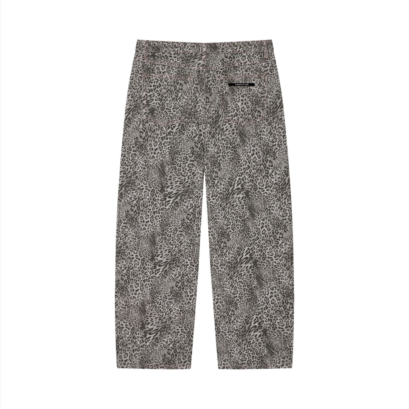 Merch in Town Vintage Wash Leopard Wide Leg Jeans in Leopard Gray on a white background, back view.