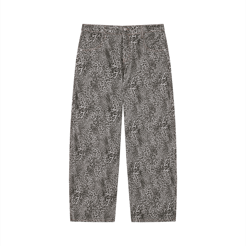 Merch in Town Vintage Wash Leopard Wide Leg Jeans in Leopard Gray on a white background, front view.