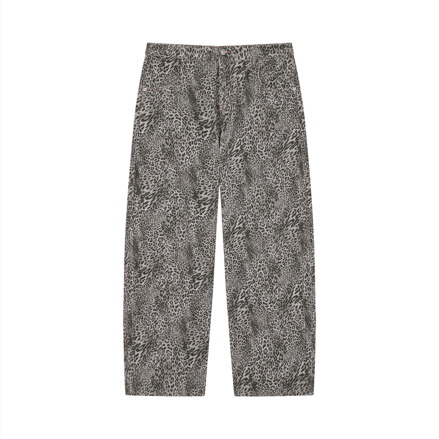 Merch in Town Vintage Wash Leopard Wide Leg Jeans in Leopard Gray on a white background, front view.