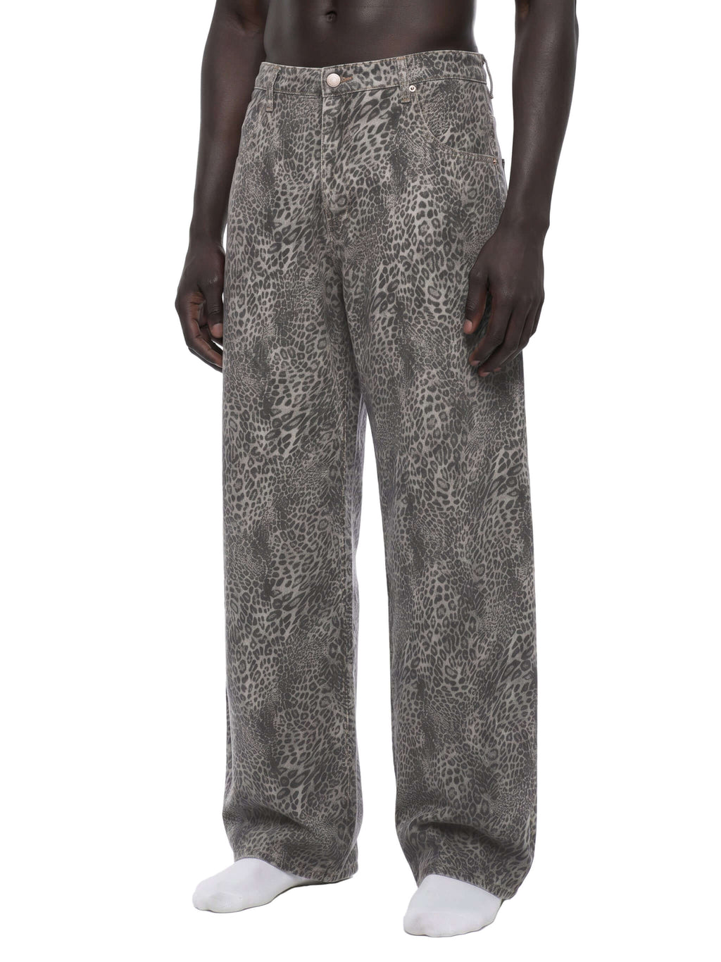 Merch in Town Vintage Wash Leopard Wide Leg Jeans in Leopard Gray, front angle on model.