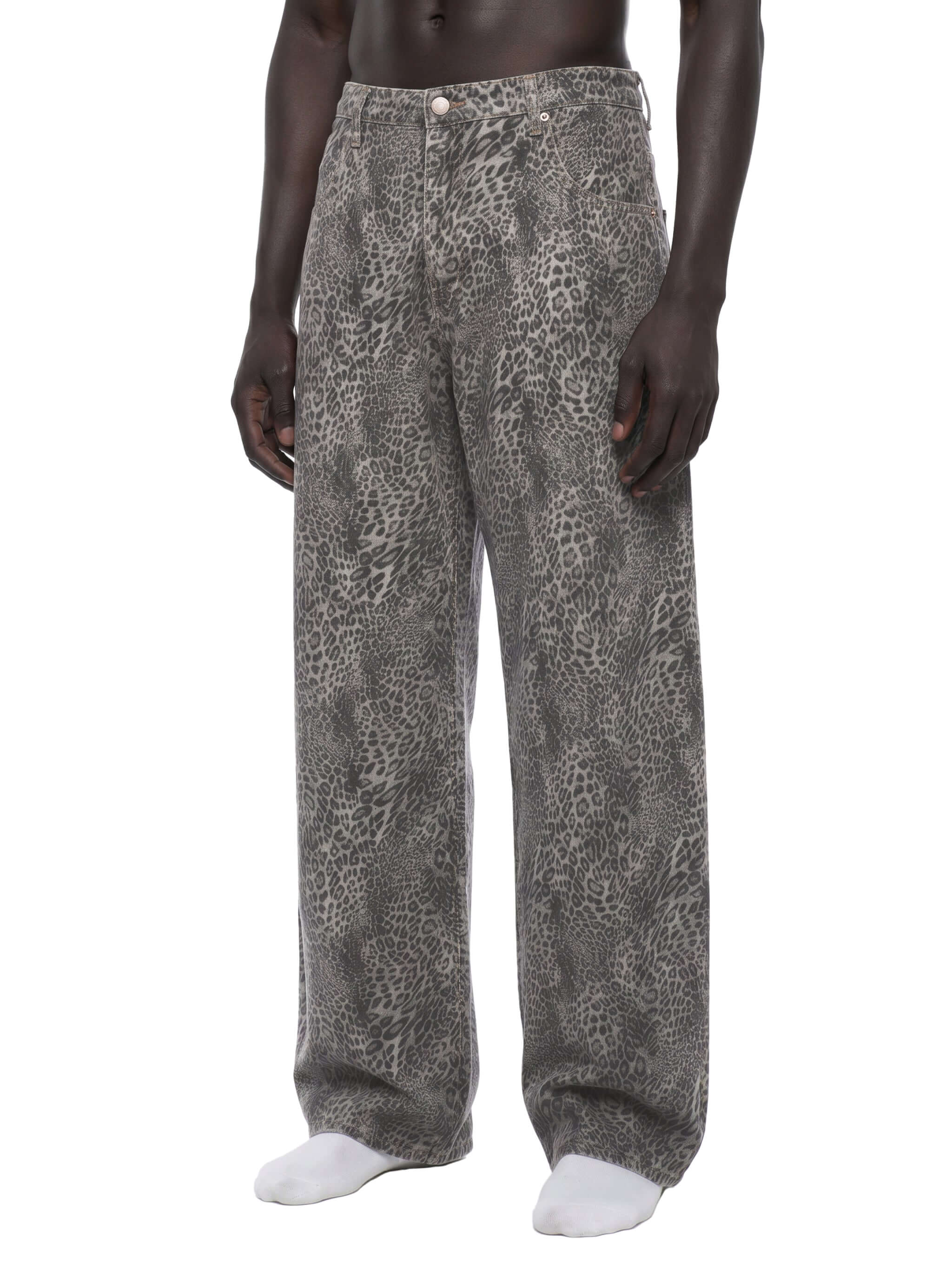 Merch in Town Vintage Wash Leopard Wide Leg Jeans in Leopard Gray, front angle on model.