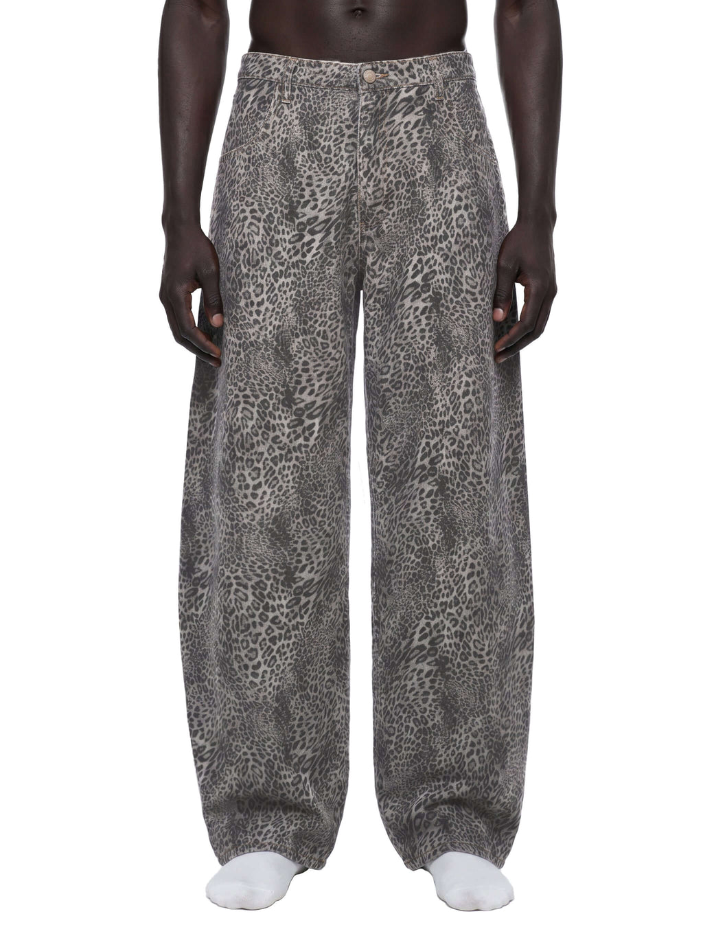 Merch in Town Vintage Wash Leopard Wide Leg Jeans in Leopard Gray, front view on model.