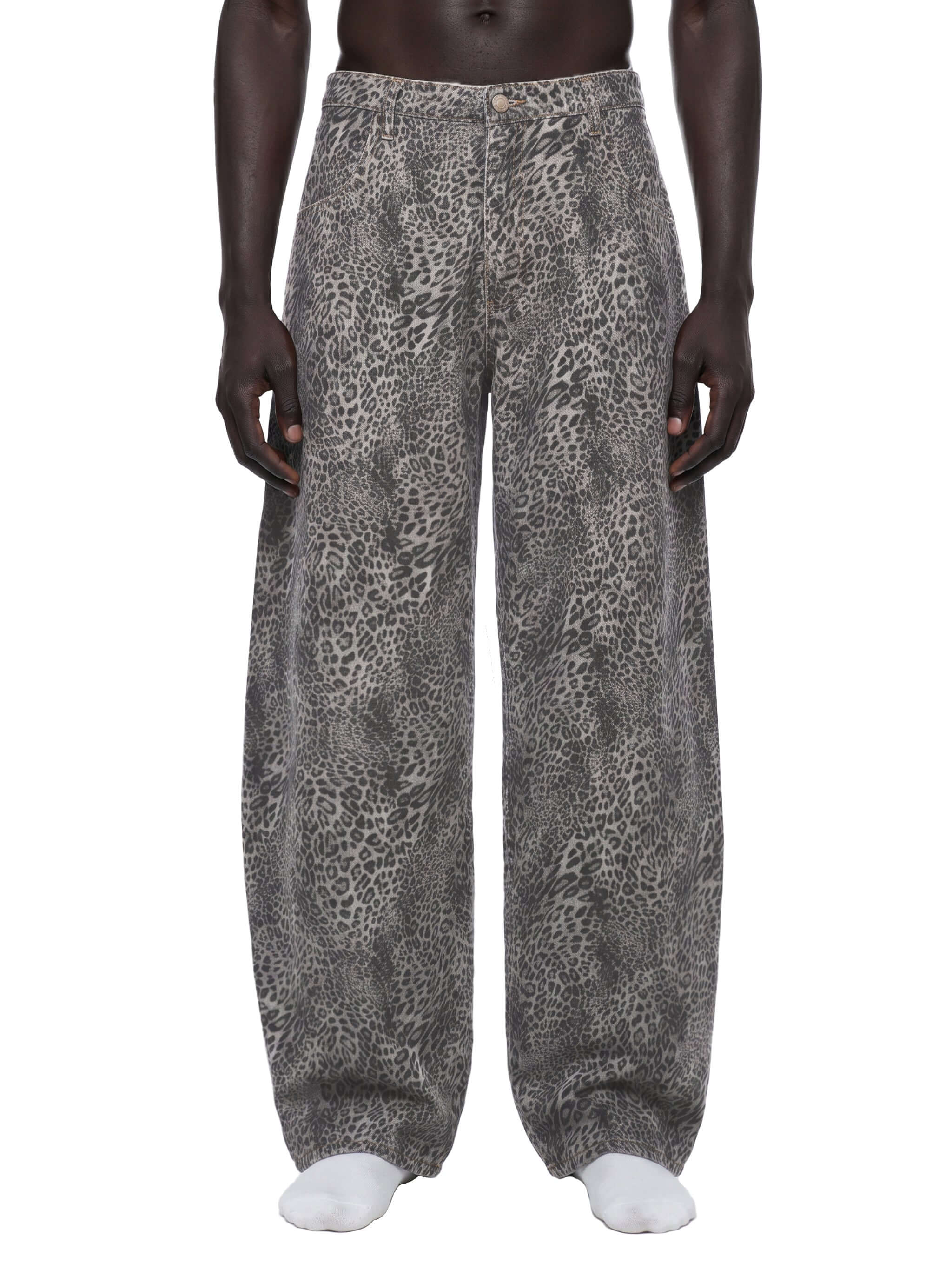 Merch in Town Vintage Wash Leopard Wide Leg Jeans in Leopard Gray, front view on model.