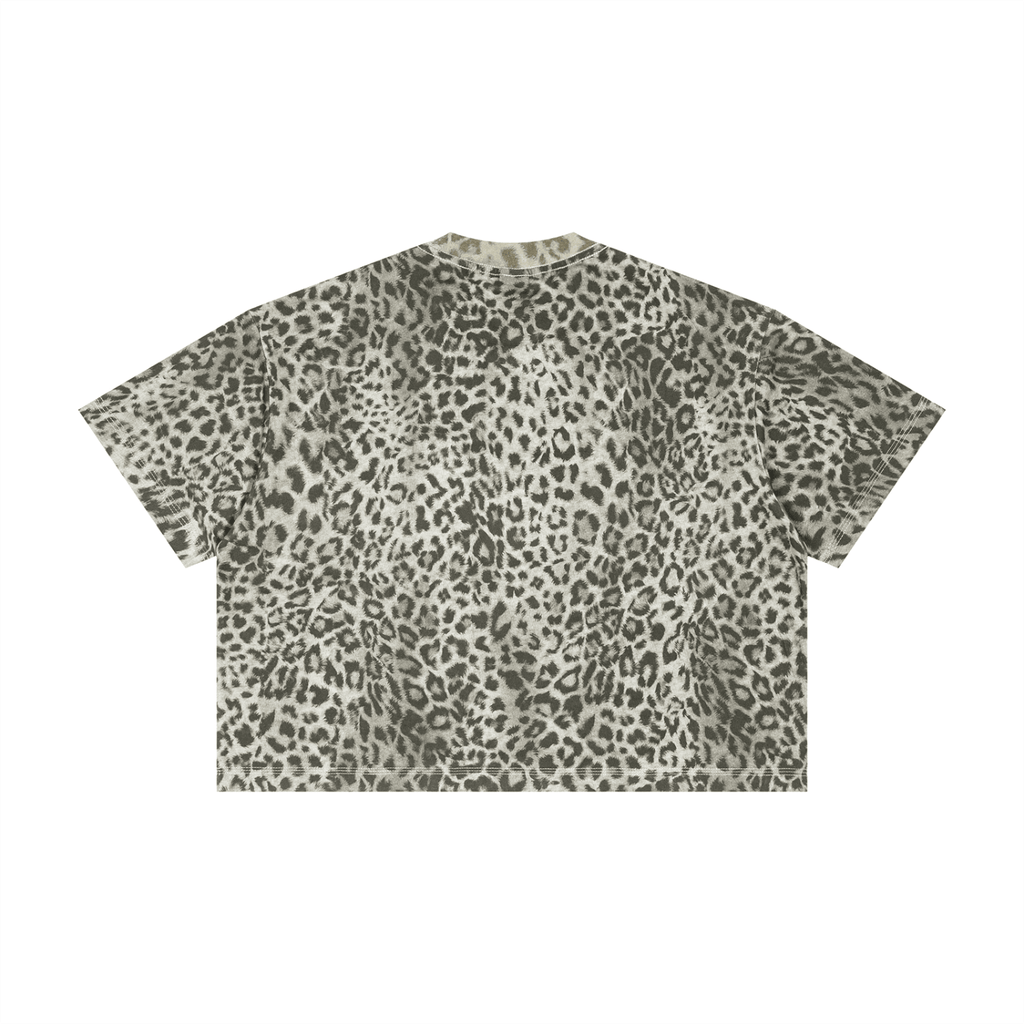 Merch in Town Leopard Print Boxy T-Shirt Y2K in Leopard Gray on a white background, back view.