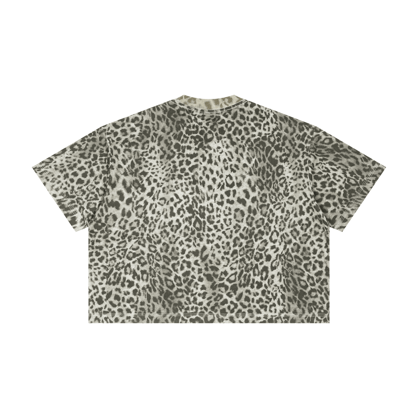 Merch in Town Leopard Print Boxy T-Shirt Y2K in Leopard Gray on a white background, back view.