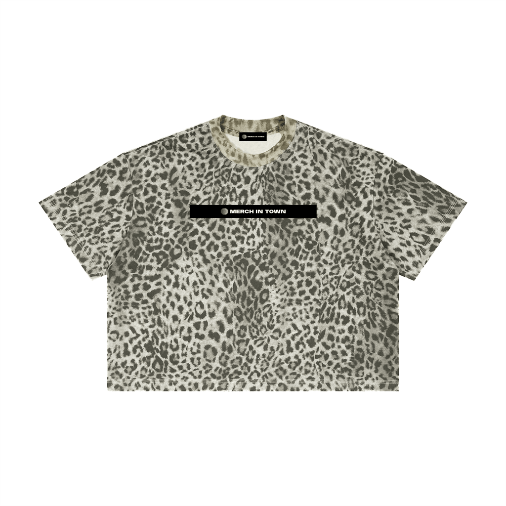 Merch in Town Leopard Print Boxy T-Shirt Y2K in Leopard Gray on a white background, front view.