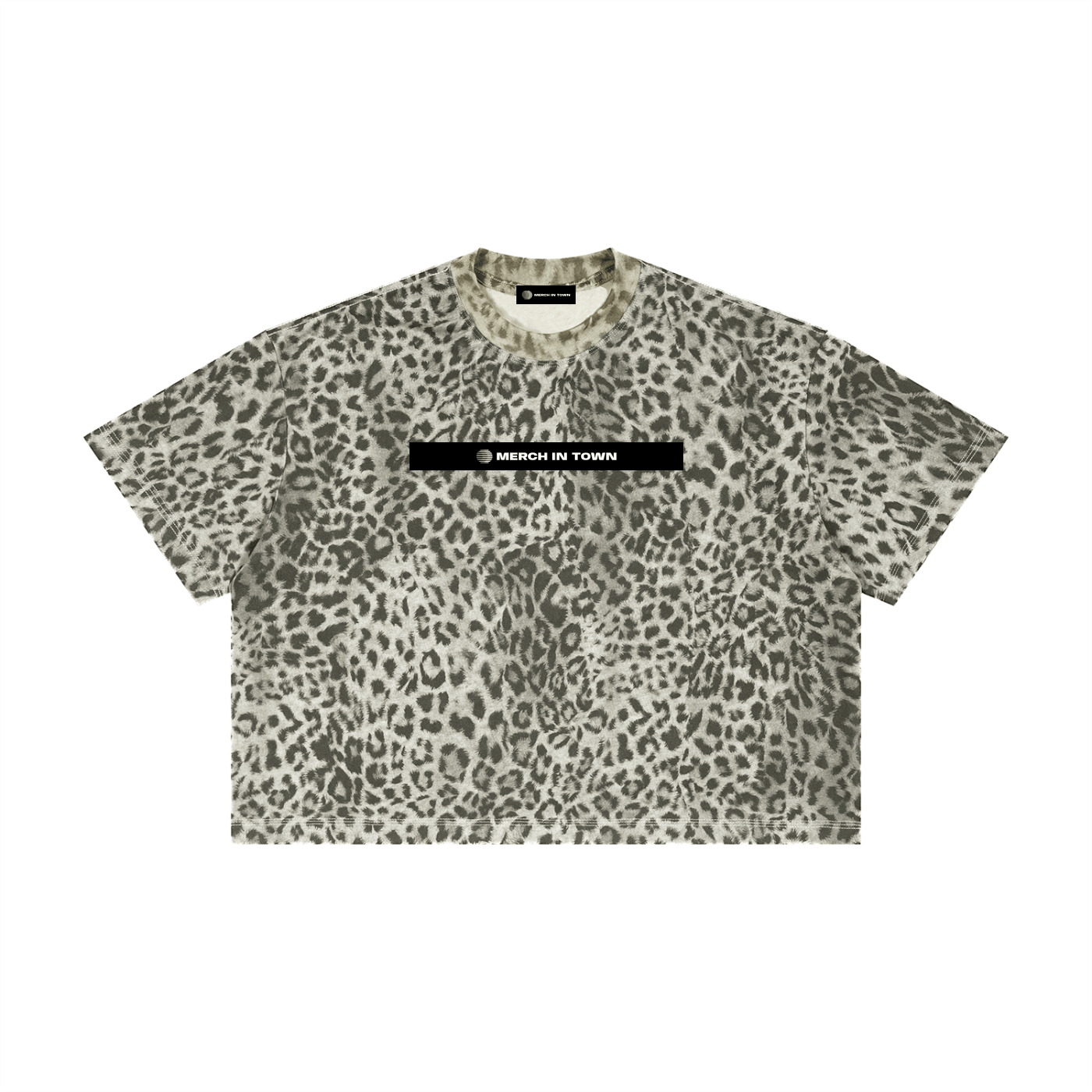 Merch in Town Leopard Print Boxy T-Shirt Y2K in Leopard Gray on a white background, front view.