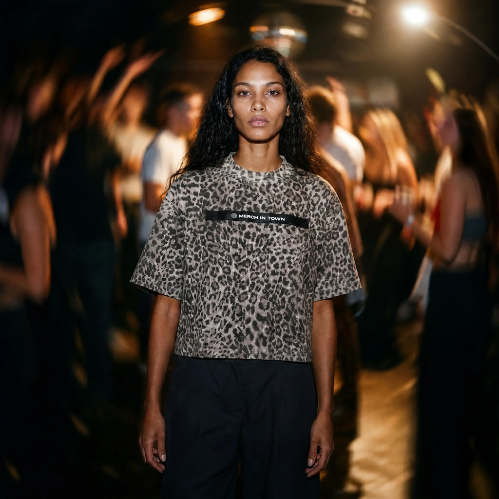 Merch in Town Leopard Print Boxy T-Shirt in Leopard Gray, front lifestyle shot