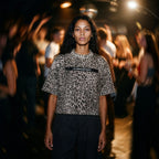 Merch in Town Leopard Print Boxy T-Shirt in Leopard Gray, front lifestyle shot