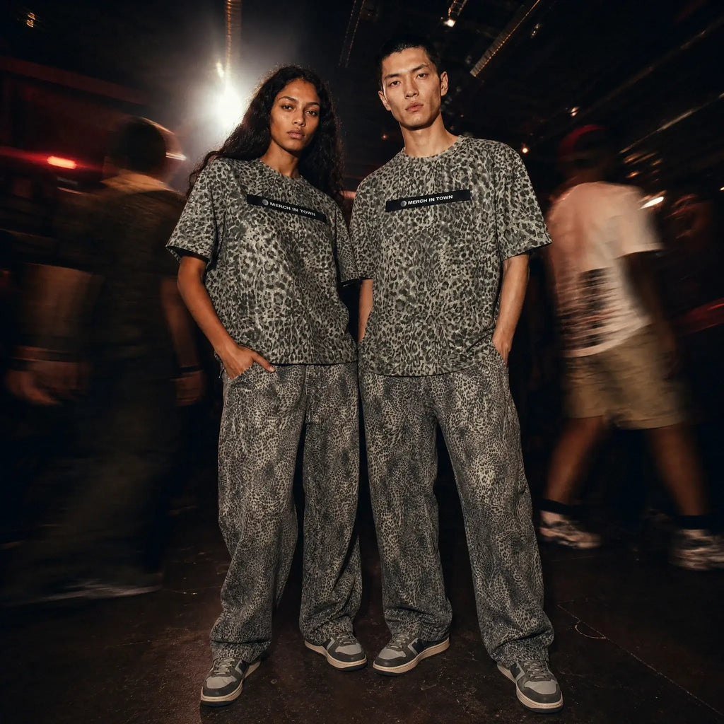 Merch in Town Vintage Wash Leopard Wide Leg Jeans in Leopard Gray, two-model lifestyle shot