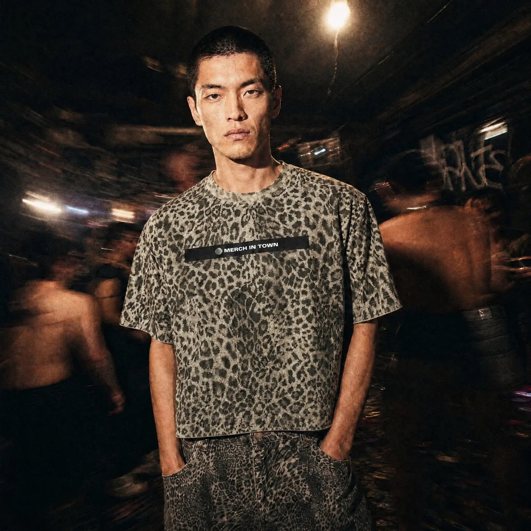 Merch in Town Leopard Print Boxy T-Shirt in Leopard Gray, front lifestyle shot