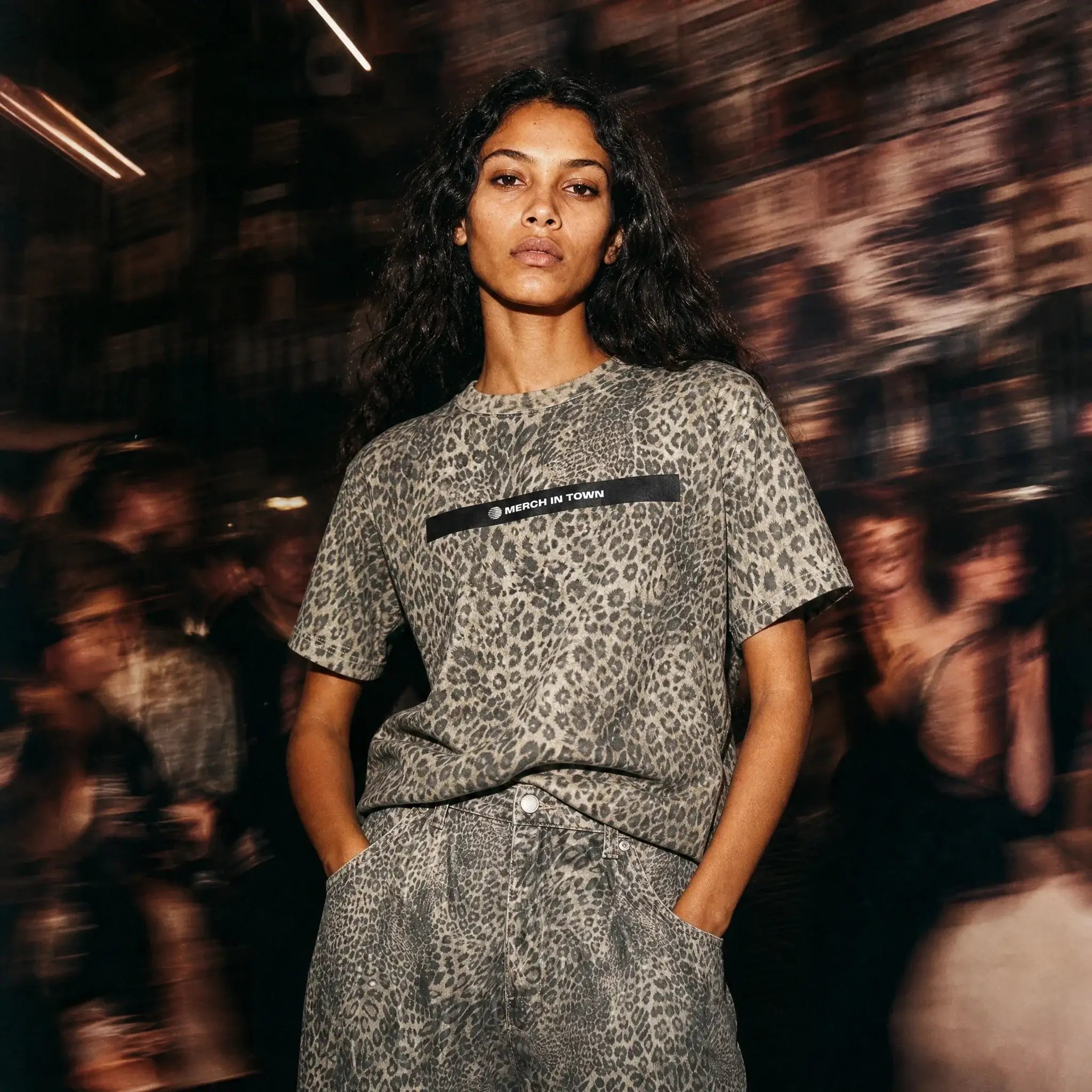 Merch in Town Leopard Print Boxy T-Shirt in Leopard Gray, front lifestyle shot