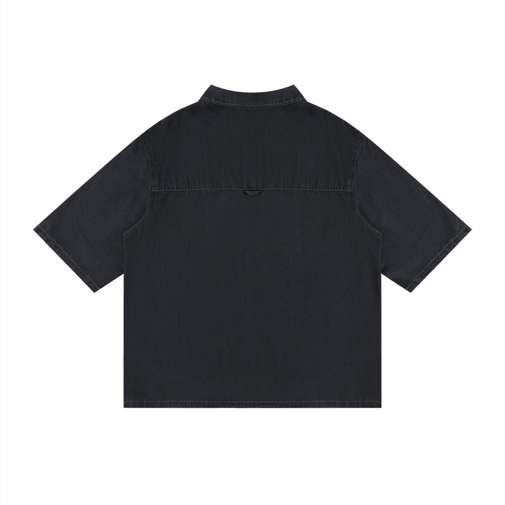 Merch in Town Vintage Wash Drop Shoulder Lyocell Shirt in Black on a white background, back view.
