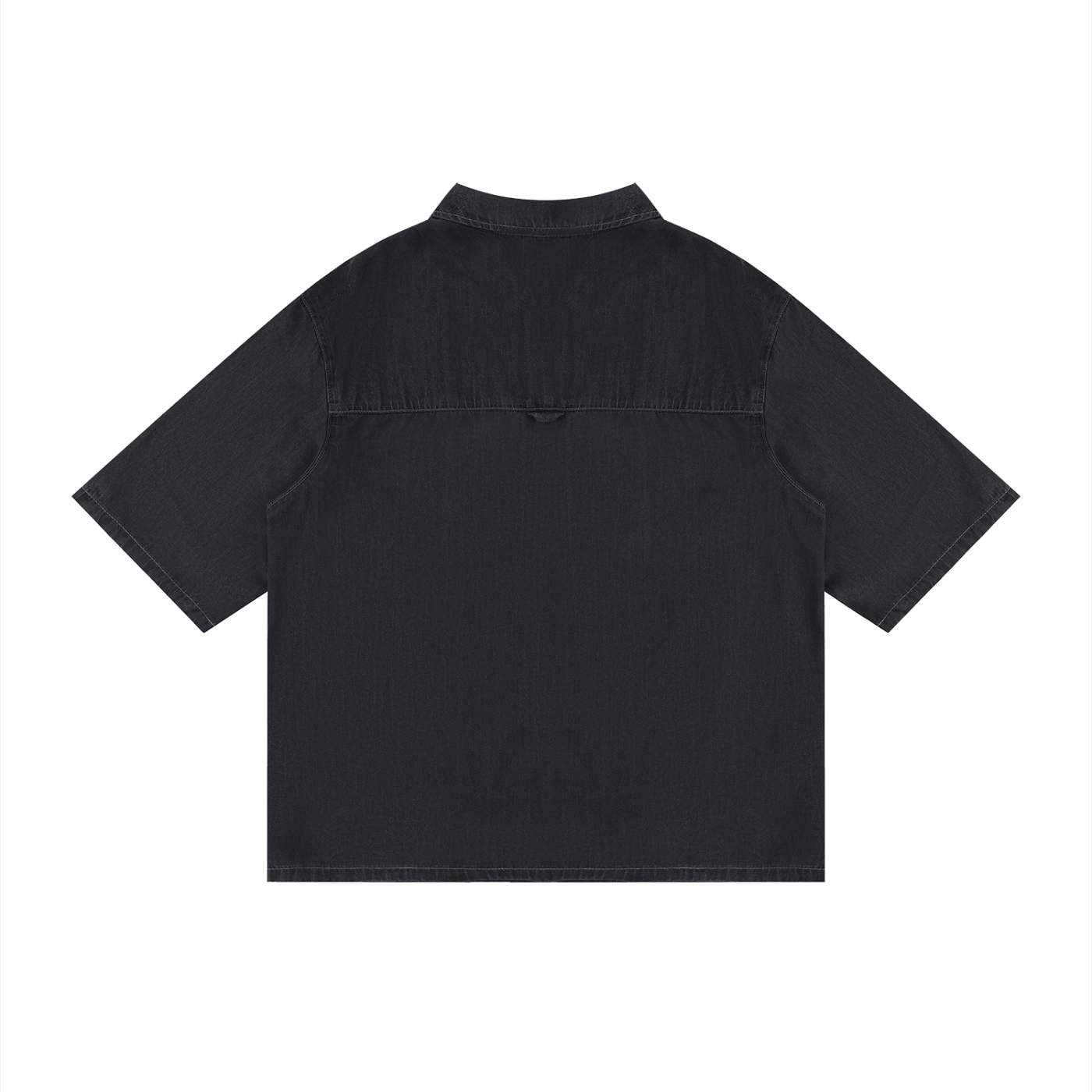 Merch in Town Vintage Wash Drop Shoulder Lyocell Shirt in Black on a white background, back view.