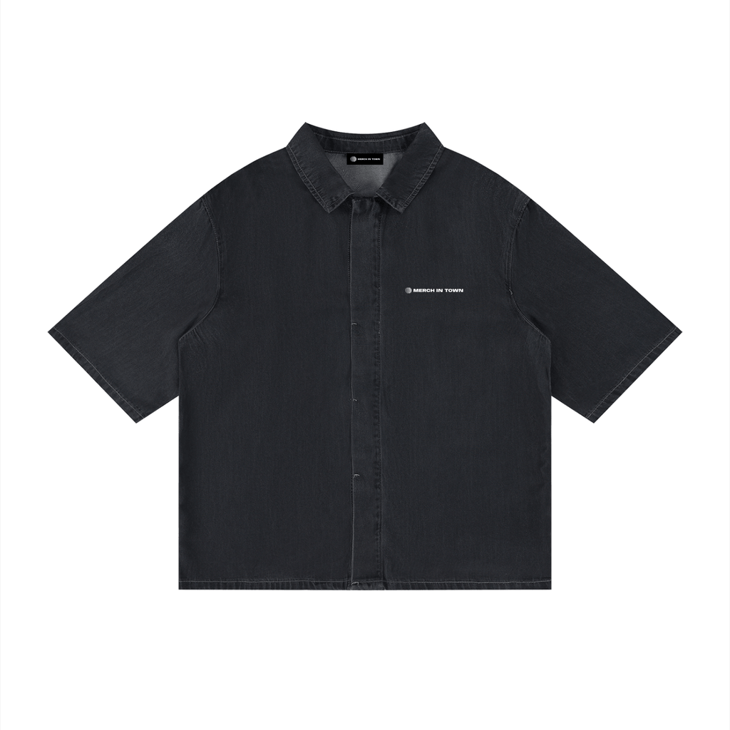 Merch in Town Vintage Wash Drop Shoulder Lyocell Shirt in Black on a white background, front view.