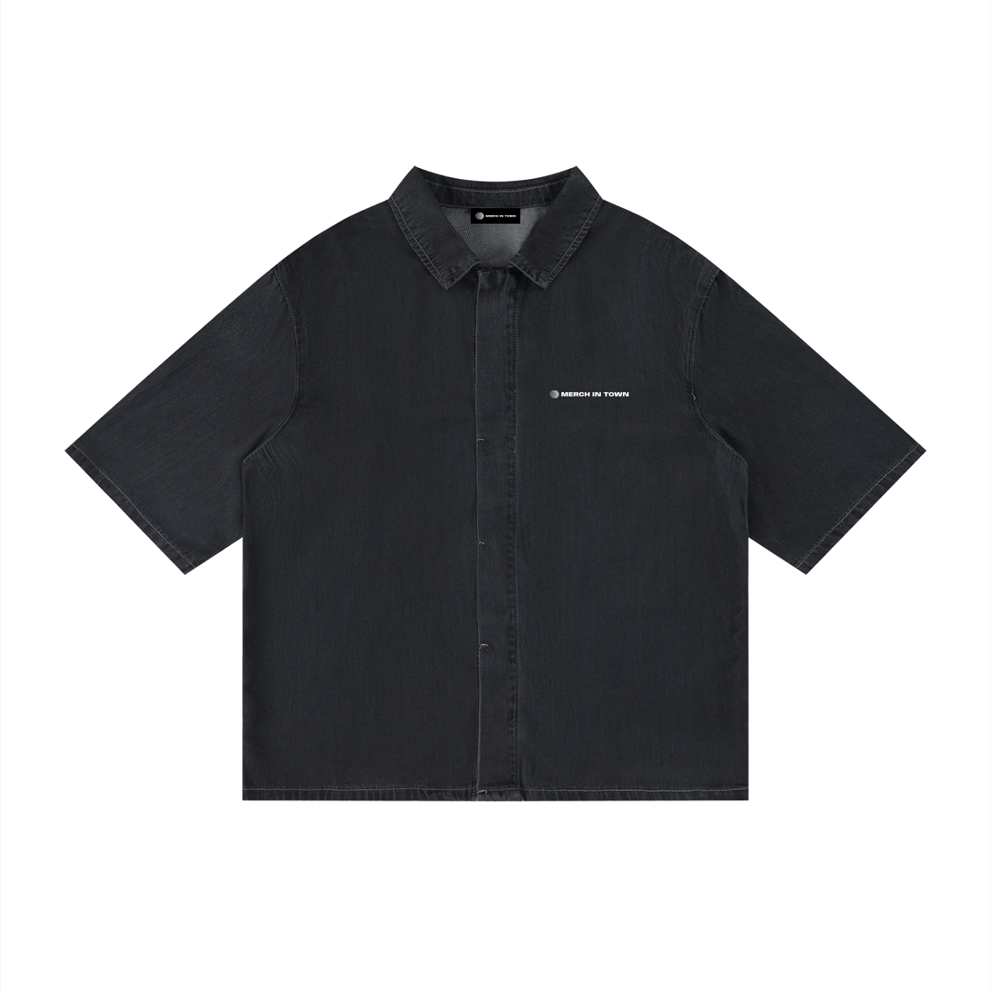 Merch in Town Vintage Wash Drop Shoulder Lyocell Shirt in Black on a white background, front view.
