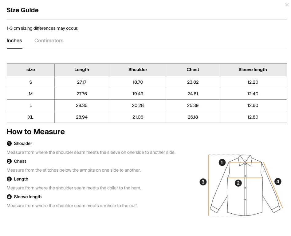 Size chart for the Merch in Town Vintage Wash Drop Shoulder Lyocell Shirt with measurements in inches and centimeters, including how-to-measure instructions.