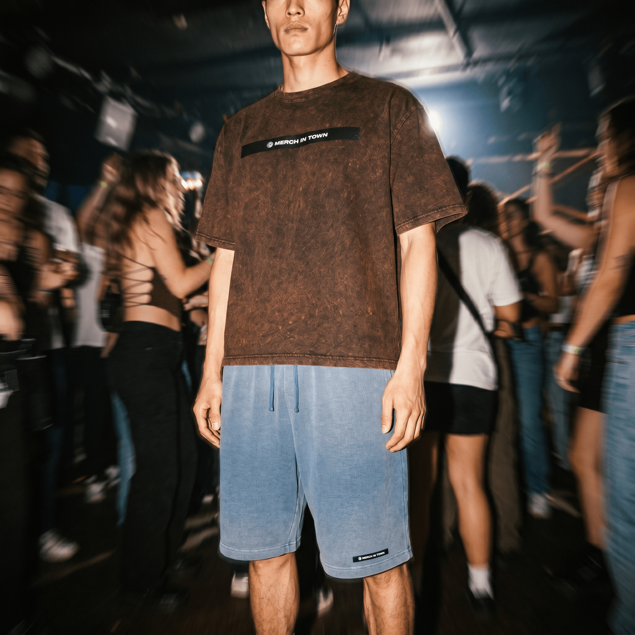 Merch in Town Mineral Wash Boxy T-Shirt in Brown, front lifestyle shot.