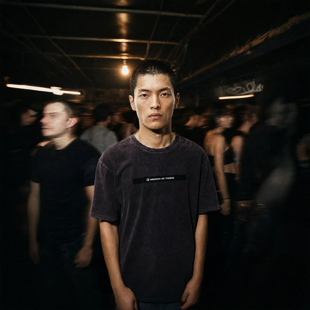 Merch in Town Mineral Wash Boxy T-Shirt in Dark Purple, front lifestyle shot