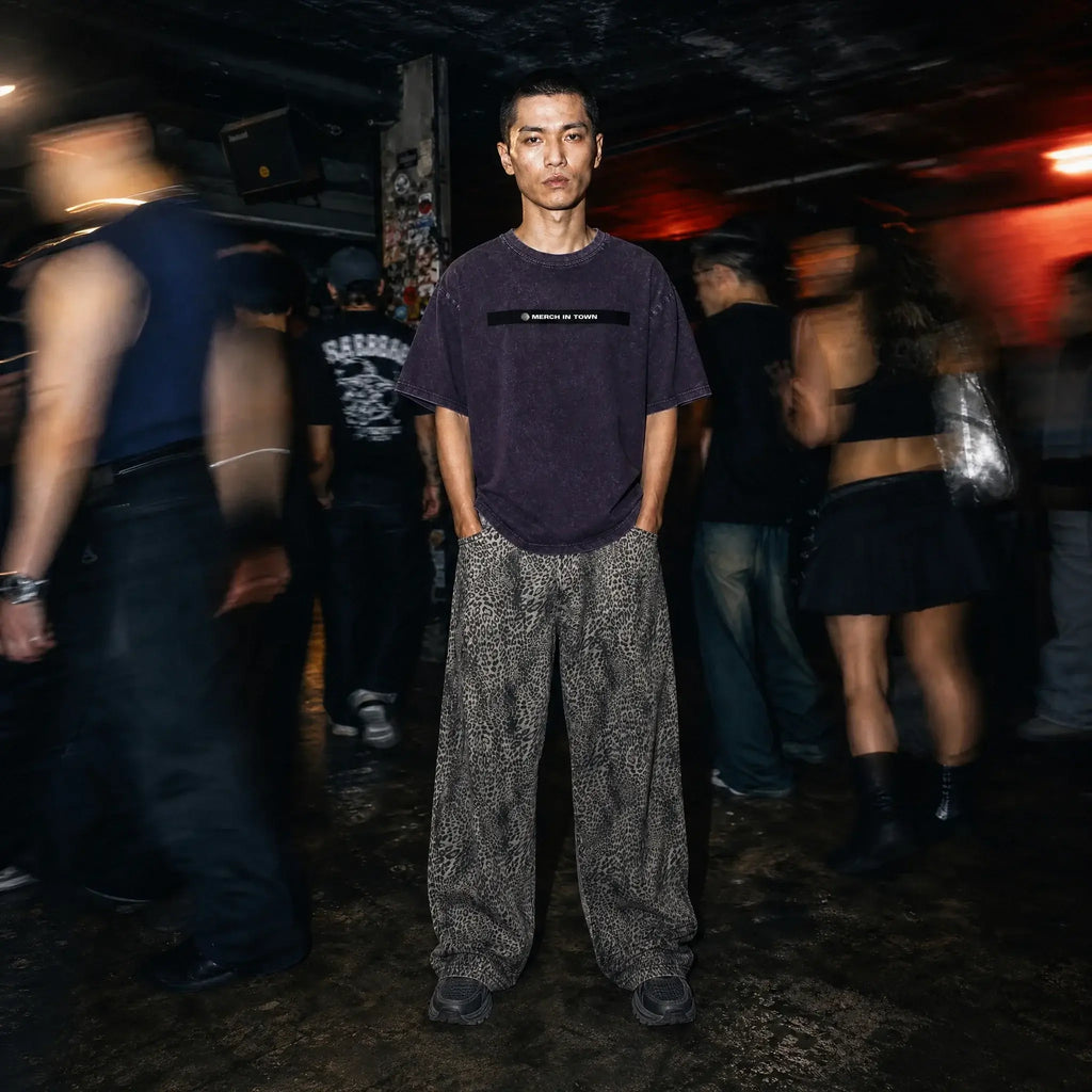 Merch in Town Vintage Wash Leopard Wide Leg Jeans in Leopard Gray, lifestyle shot