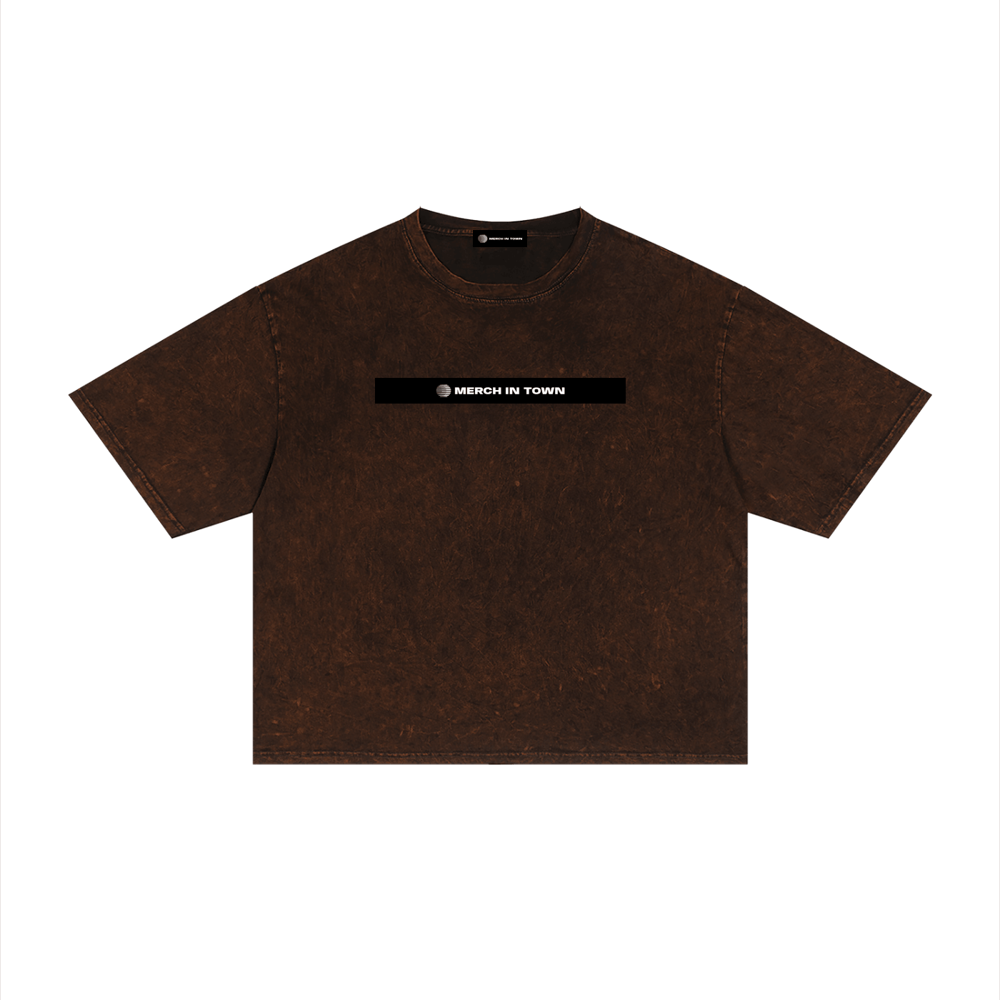 Merch in Town Mineral Wash Boxy T-Shirt in Brown on a white background, front view.