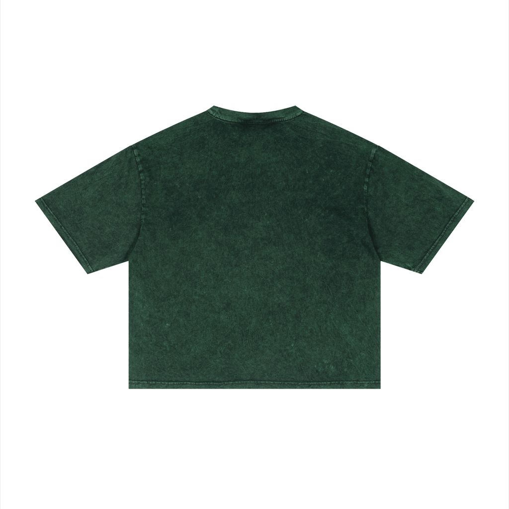 Merch in Town Mineral Wash Boxy T-Shirt in Dark Green on a white background, back view.