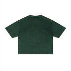 Merch in Town Mineral Wash Boxy T-Shirt in Dark Green on a white background, back view.