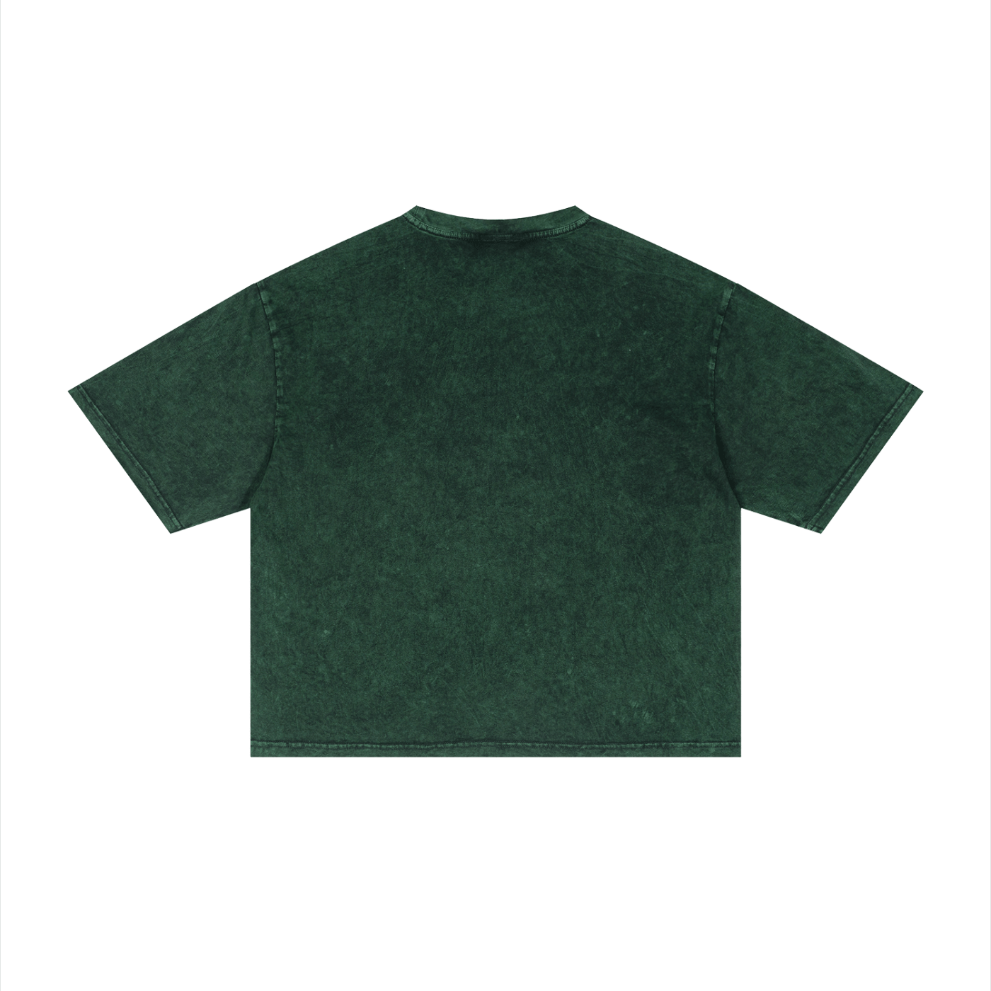 Merch in Town Mineral Wash Boxy T-Shirt in Dark Green on a white background, back view.