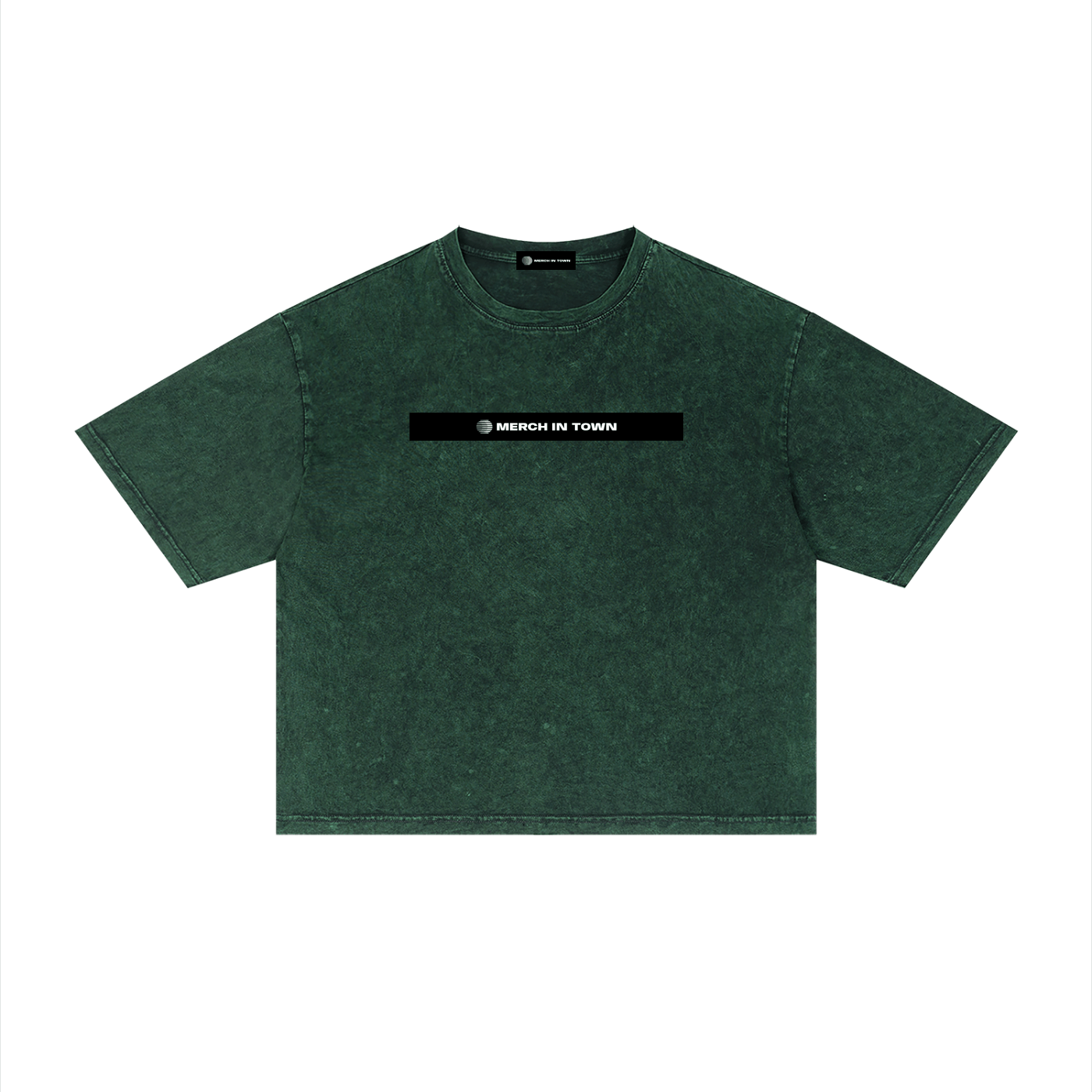 Merch in Town Mineral Wash Boxy T-Shirt in Dark Green on a white background, front view.
