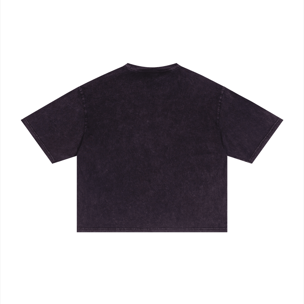 Merch in Town Mineral Wash Boxy T-Shirt in Dark Purple on a white background, back view.