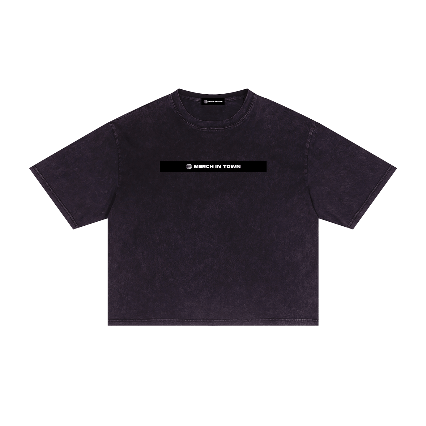 Merch in Town Mineral Wash Boxy T-Shirt in Dark Purple on a white background, front view.