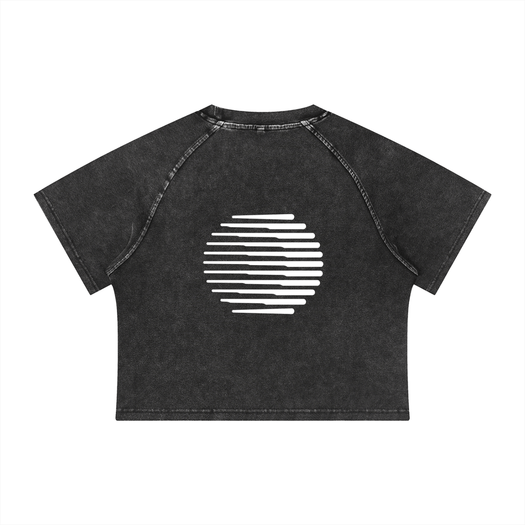 Merch in Town Women's Mineral Wash Raglan Crop T-Shirt in Black on a white background, back view.