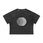 Merch in Town Women's Mineral Wash Raglan Crop T-Shirt in Black on a white background, back view.