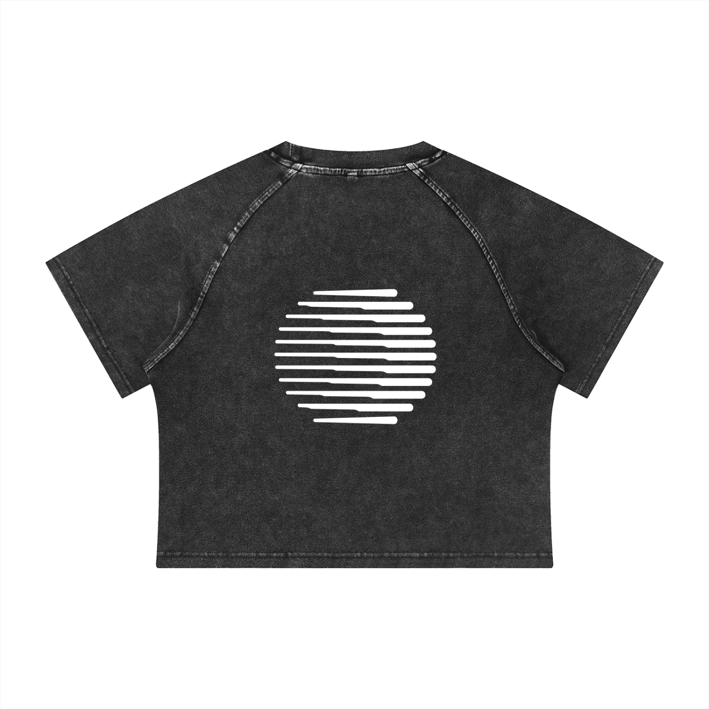 Merch in Town Women's Mineral Wash Raglan Crop T-Shirt in Black on a white background, back view.