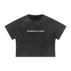 Merch in Town Women's Mineral Wash Raglan Crop T-Shirt in Black on a white background, front view.