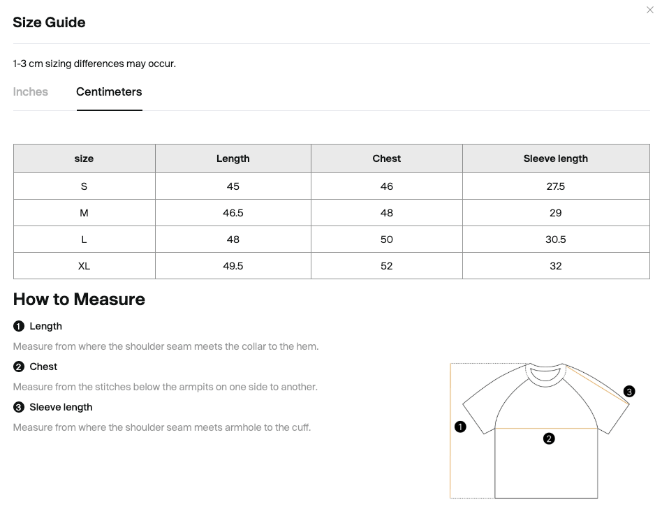 Size chart for the Merch in Town Women's Mineral Wash Raglan Crop T-Shirt with measurements in centimeters.