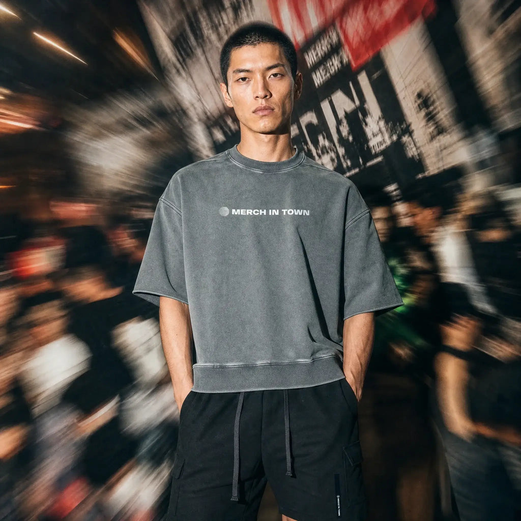 Merch in Town Mineral Wash Boxy Raw Edge T-Shirt in Gray Blue, full-length lifestyle shot