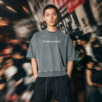 Merch in Town Mineral Wash Boxy Raw Edge T-Shirt in Gray Blue, full-length lifestyle shot